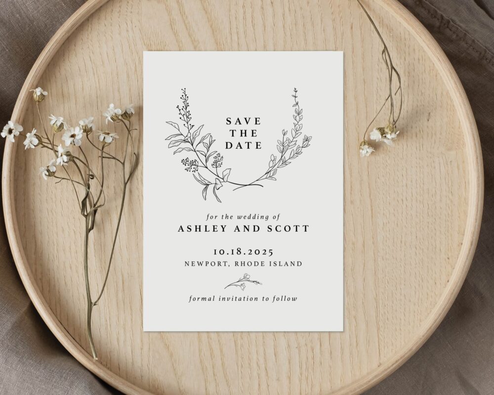 Dainty Floral Wreath Save The Date Card Simple Timeless Wedding Announcement Engagement Modern Minimal | Digital Or Printed Cards | 757