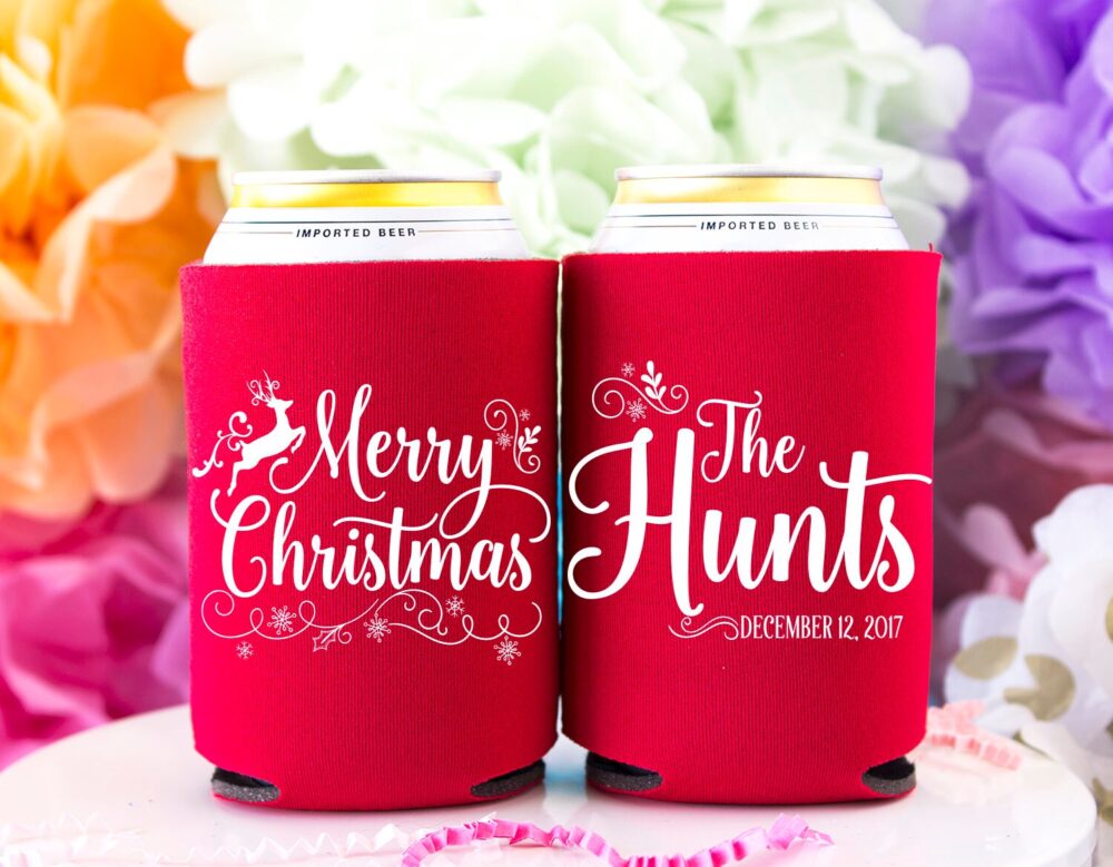 Christmas Wedding, Personalized Can Cooler, Party Favor, Holiday Beer Holder, Cooler