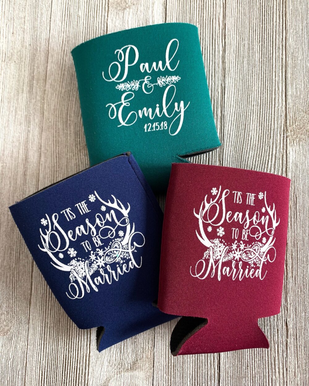 Christmas Wedding Personalized Can Cooler Winter Holiday Favors Rustic December