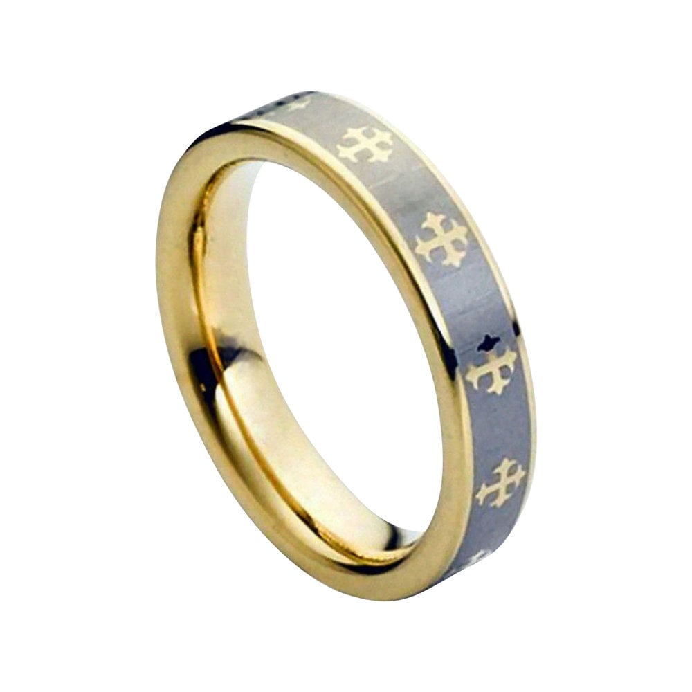 Tungsten Wedding Band Yellow Gold Cross Ring Mens 5mm Engagement Satin Brushed 18K Design