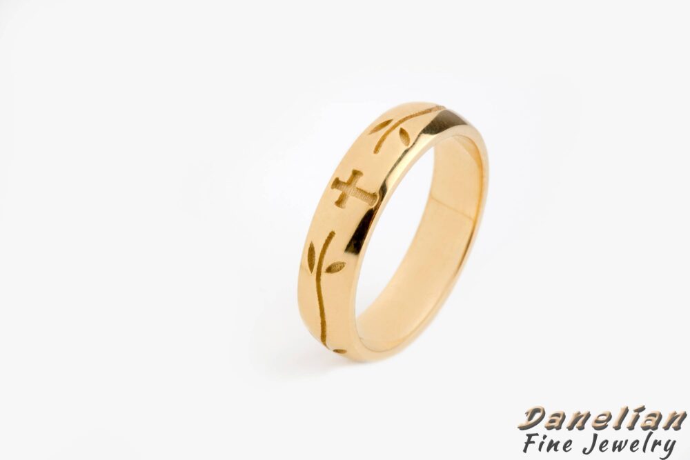 Cross Gold Wedding Band 18K Yellow Gold, Simple Couple Ring