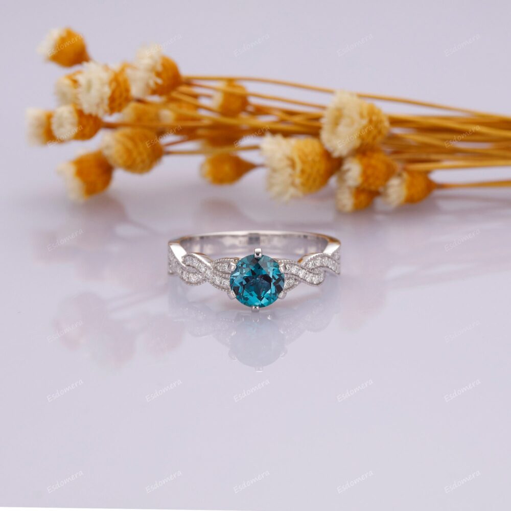 Alexandrite Wedding Ring, Round Cut 1Ct Esdomera 6 Prongs Rope Style Cross Band Accents 14K White Gold Engagement Ring