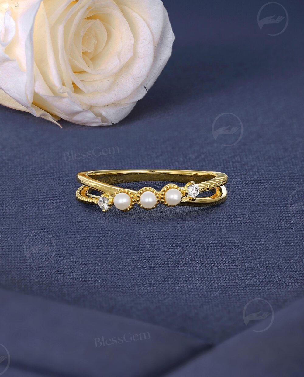 Delicate Pearl Wedding Band, Minimalist Double Cross Band, Vintage Milgrain Ring, Round Cut Yellow Gold Ring, Moissanite Promise Ring