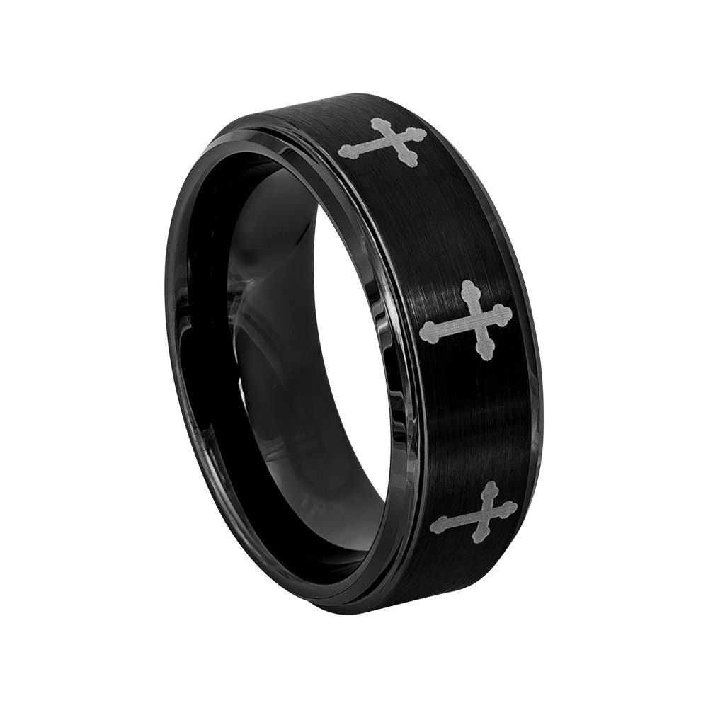 Cross Ring Mens Wedding Band 8mm Engagement Black & Silver Brushed Tungsten Carbide Polished Stepped Edges