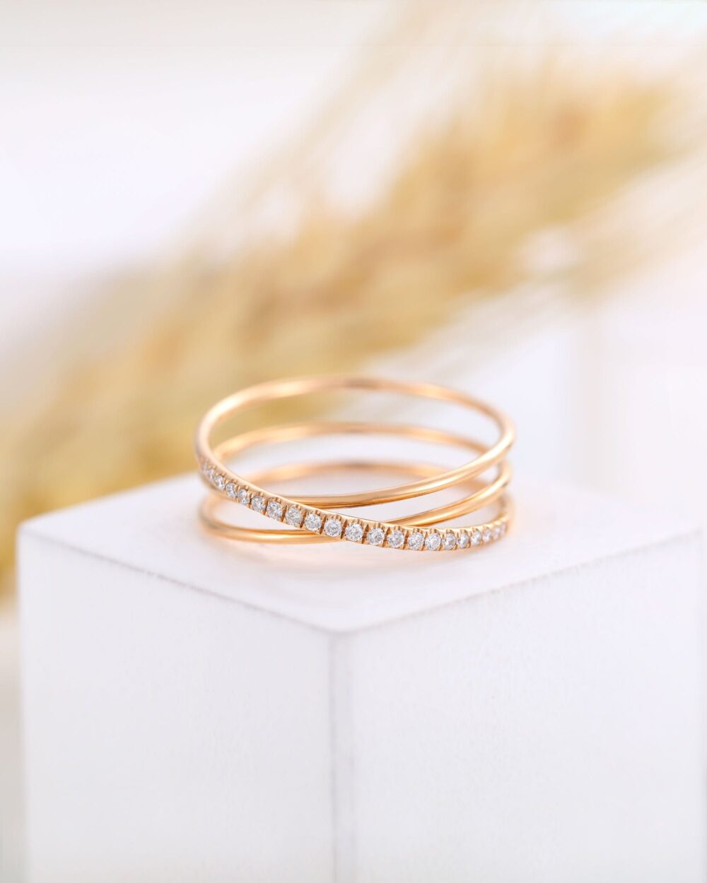 Diamond Wedding Multi Band, Cross Ring Rose Gold, Delicate Moissanite Unique Gold Bridal Ring, Anniversary Promise