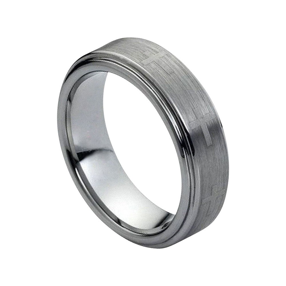 Tungsten Wedding Band Cross Ring Mens 7mm Engagement Brushed Silver Carbide Man Stepped Edges Promise
