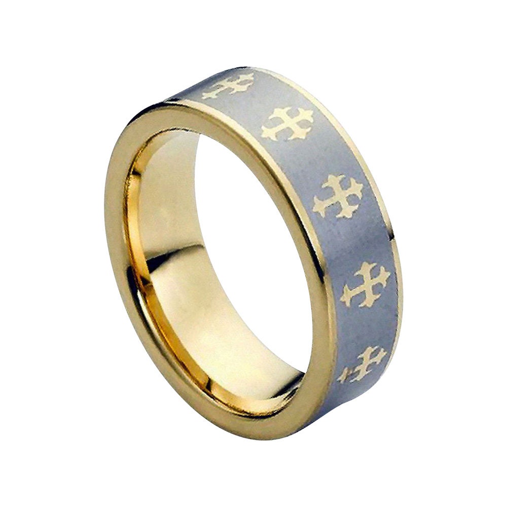 Yellow Gold Tungsten Wedding Band Cross Design, 8mm Brushed Ring