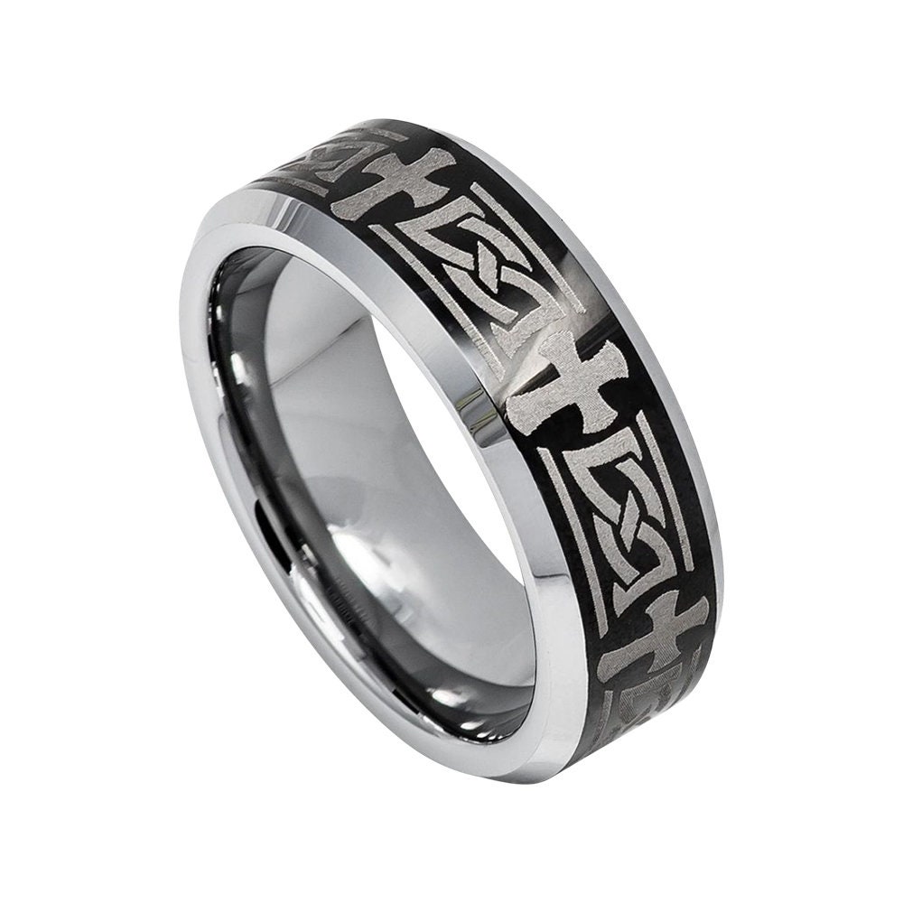 Tungsten Wedding Band Black Ring Mens 8mm Engagement Celtic Cross Carbide Knot Man