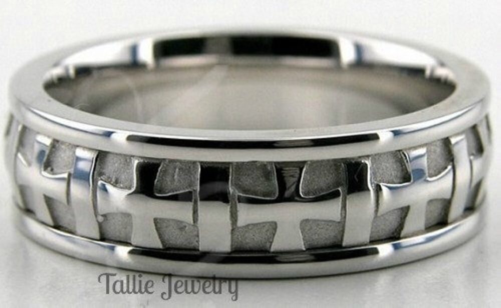 Platinum Mens Wedding Band, Ring, 7mm Handmade Cross Bands, Rings For Men