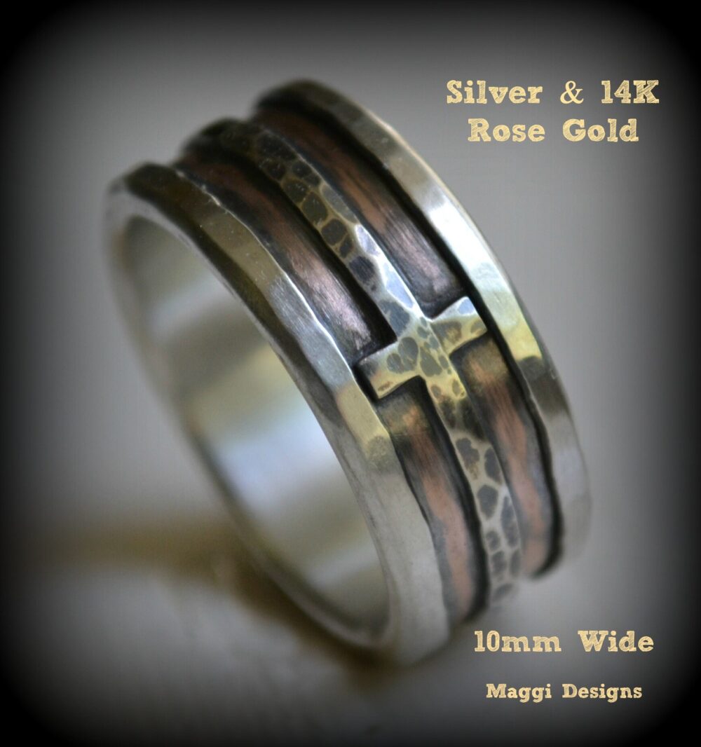 Mens Wedding Band, Rustic Fine Silver 14K Rose Gold, Sterling Cross Ring, Handmade Artisan Designed Wide Band Manly Customized