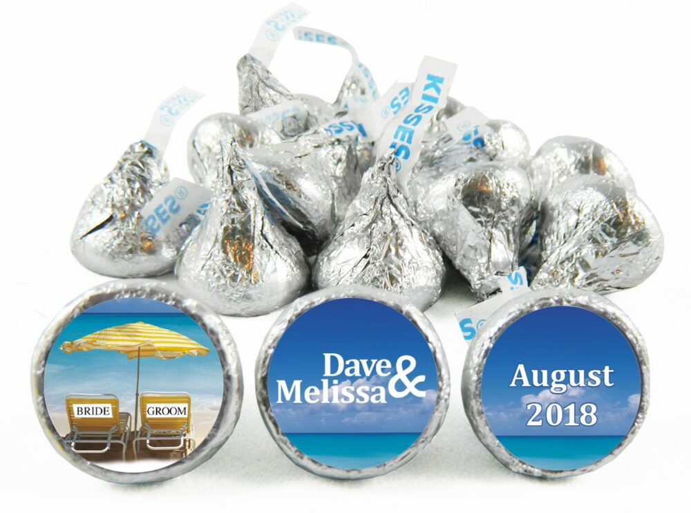 Beach Theme Personalized Wedding Stickers For Hershey's Kisses. Bride & Groom Labels Kisses - Party Favors Set Of 108