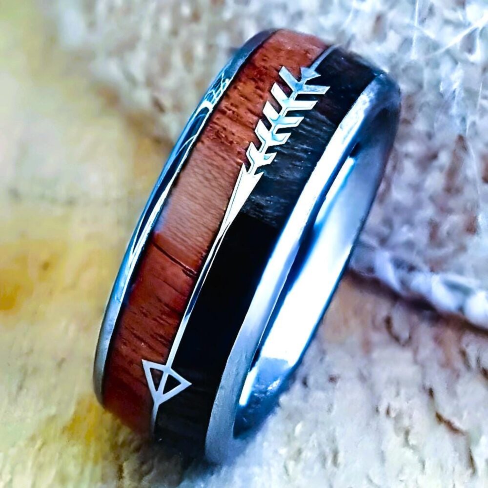 Meteorite Koa Wood Wedding Band Tungsten Arrow Ring Set