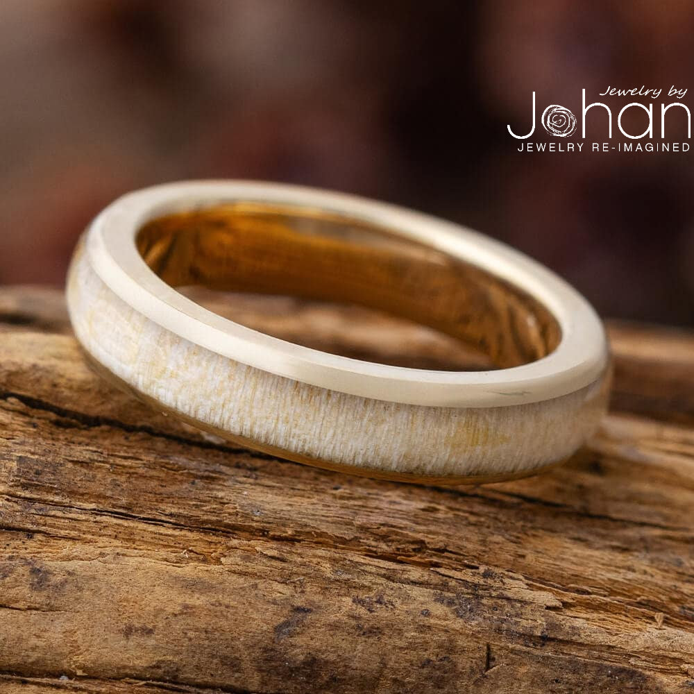Women's Wood Wedding Band in Yellow, Rose Or White Gold, Simple Ring For Her, Thin With Wooden Inlay