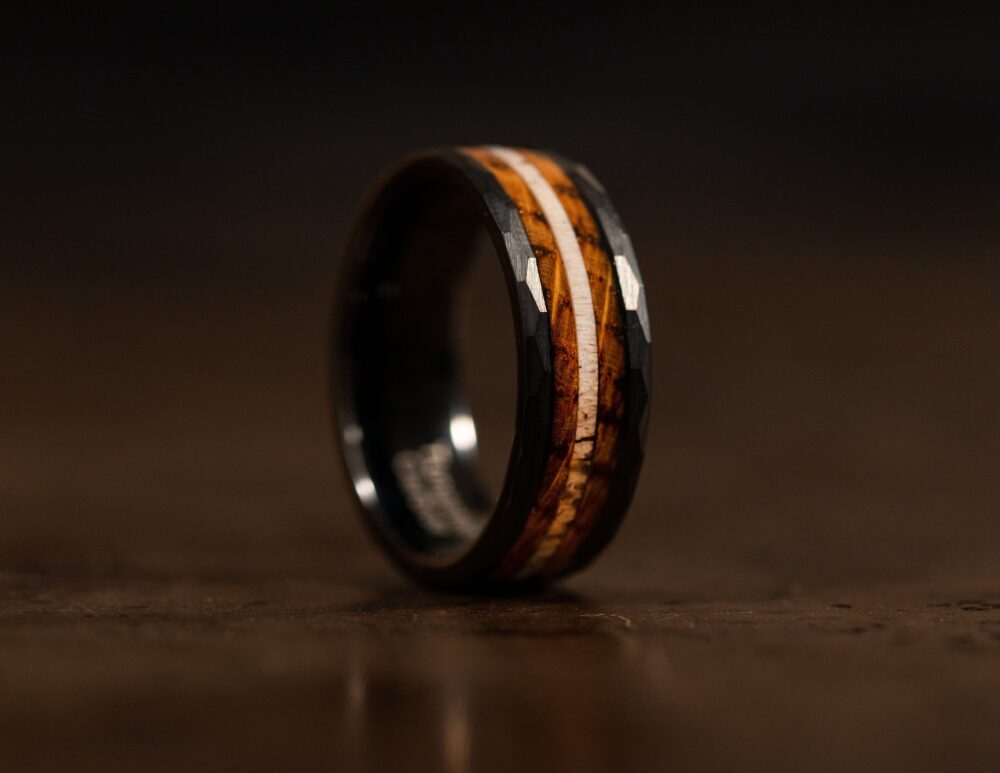 Black Wedding Band For Men With Wood & Antler Inlay, Ring Women Natural Antler, 6mm 8mm Unique