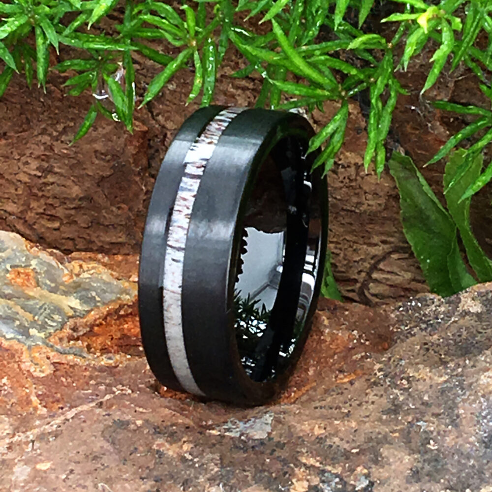 Black Antler Wedding Band | Brushed Tungsten Flat Ring With Inlay 8mm Comfort Fit Men's & Women's Engagement Anniversary