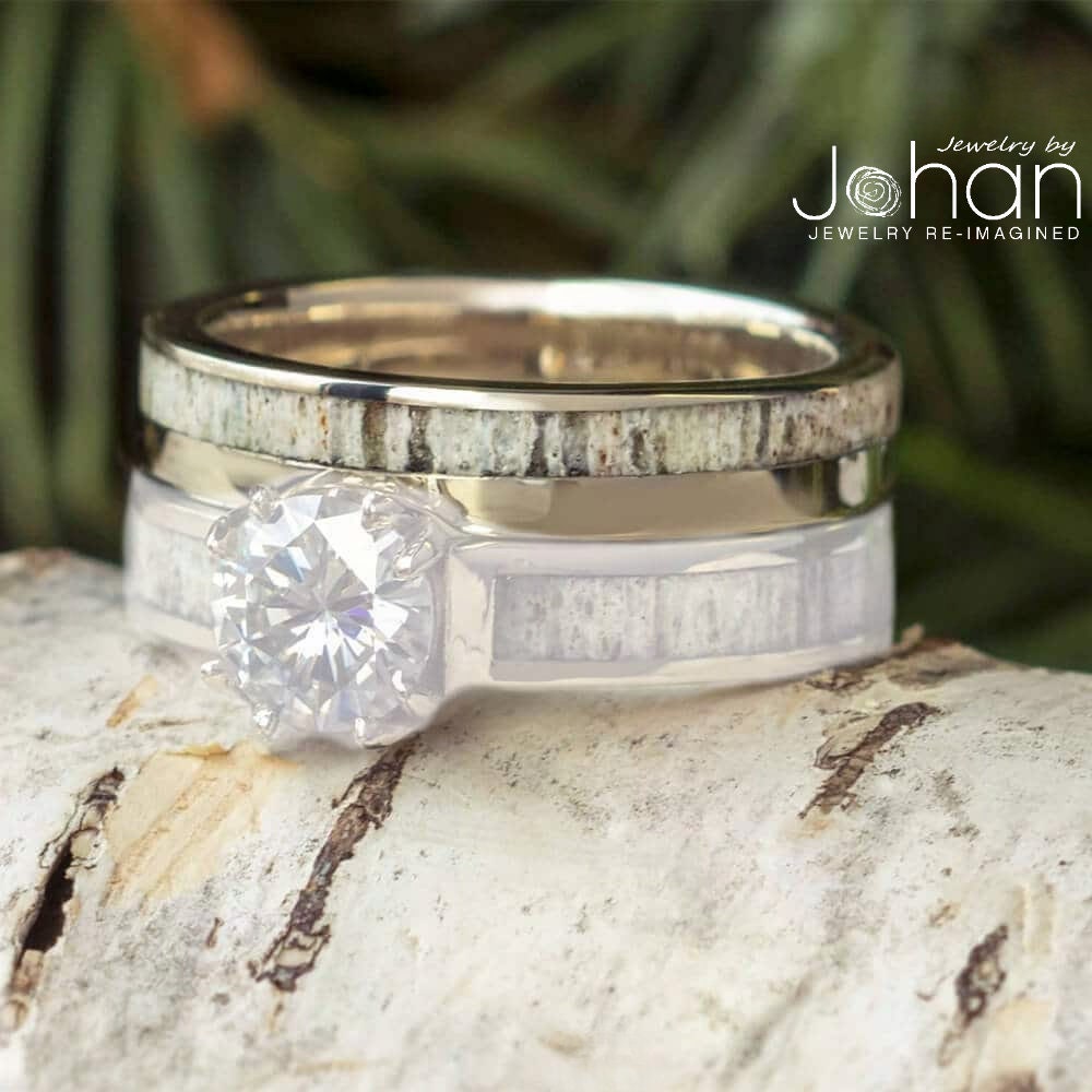 Custom Deer Antler Women's Wedding Band, Handcrafted Matching Shadow Band