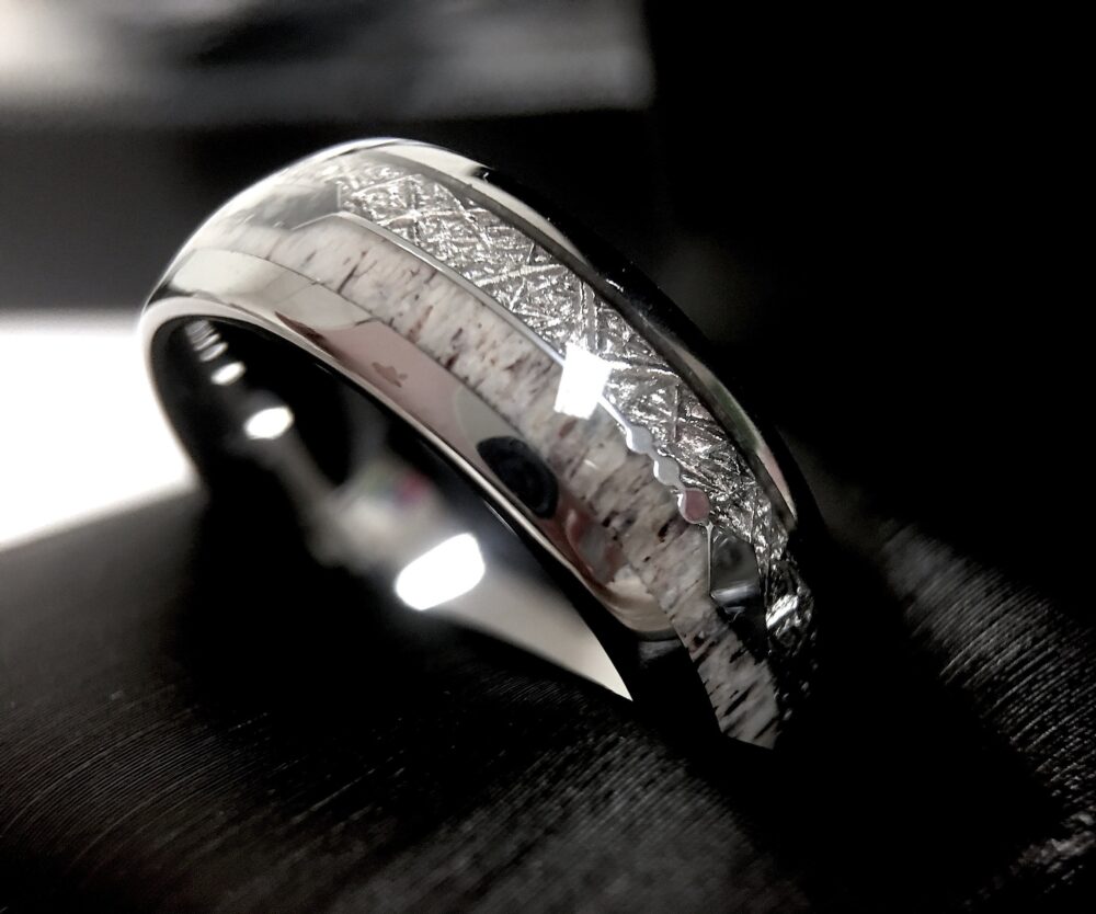 Tungsten Wedding Band With Meteorite & Antler Inlay | Arrow Ring His & Hers Unique Men's Women's Promise Rings 8mm