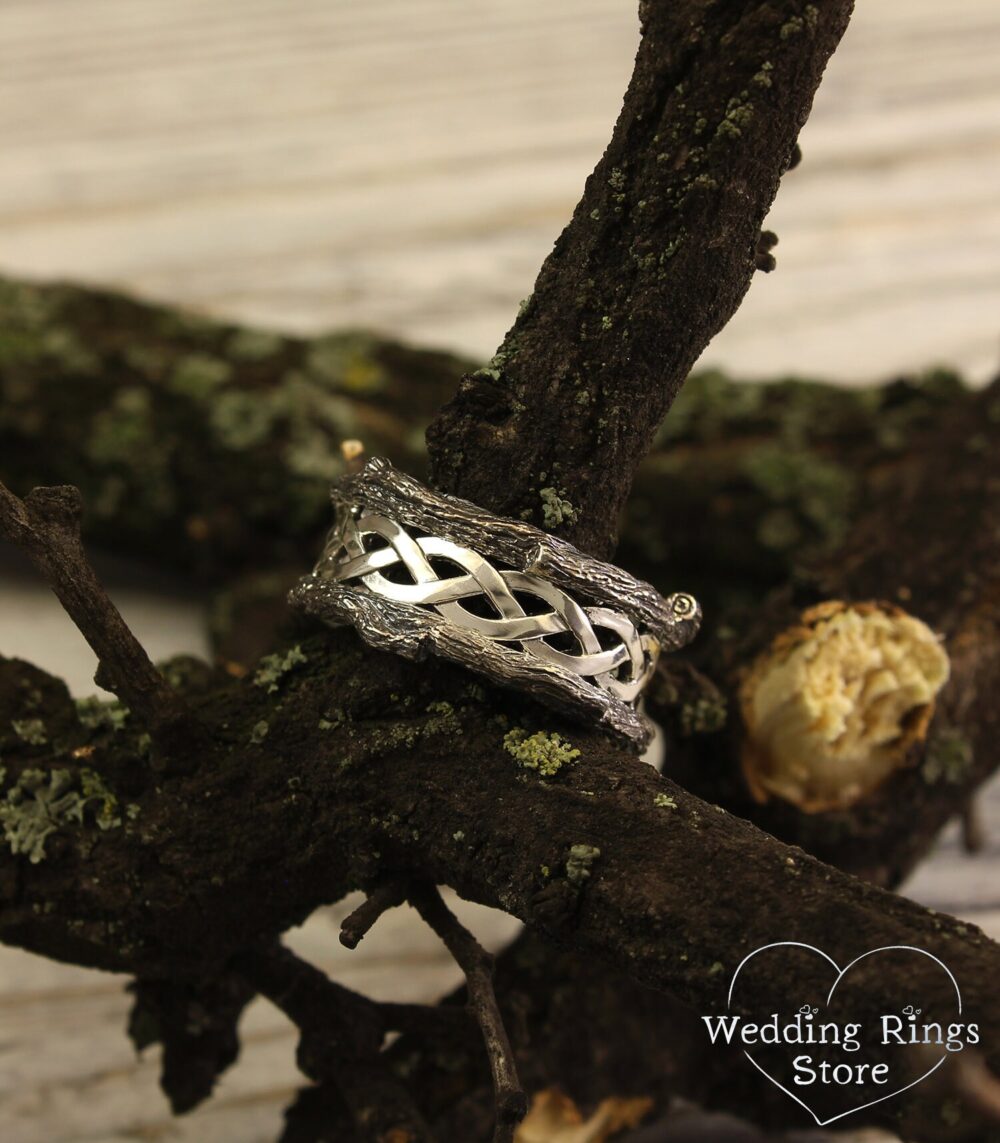 Mens Branch White Gold Wedding Band, Braided Tree Unique Bark Ring, Twist Wild Unusual Ring
