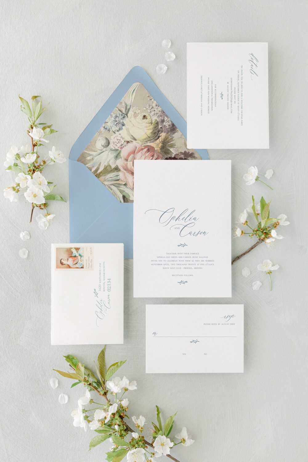 Dusty Blue Wedding Invitation, Vintage Floral Wedding Invitation, Elegant Minimalist Modern Invite, Powder Blue