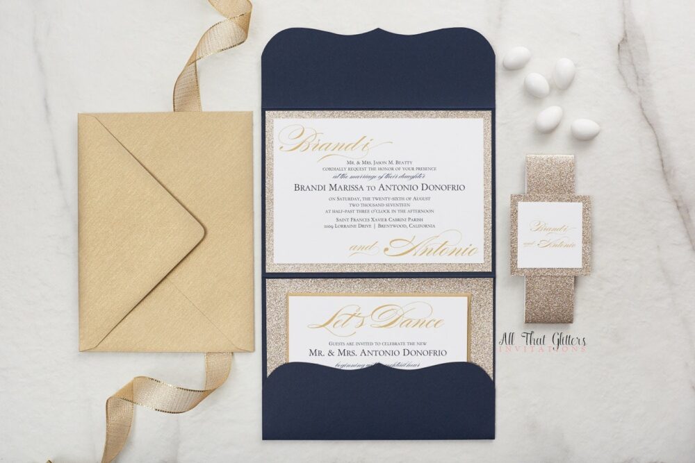Formal Wedding Invitations For Elegant Fancy Wedding, Pocketfolder Wedding Invitations, Printed Invitations Navy & Gold Champagne