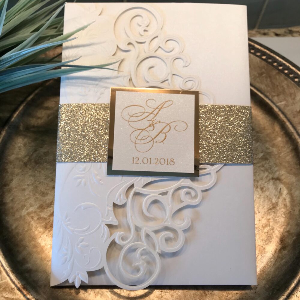 Elegant Ivory Laser Cut Wedding Invitation With Gold Glitter