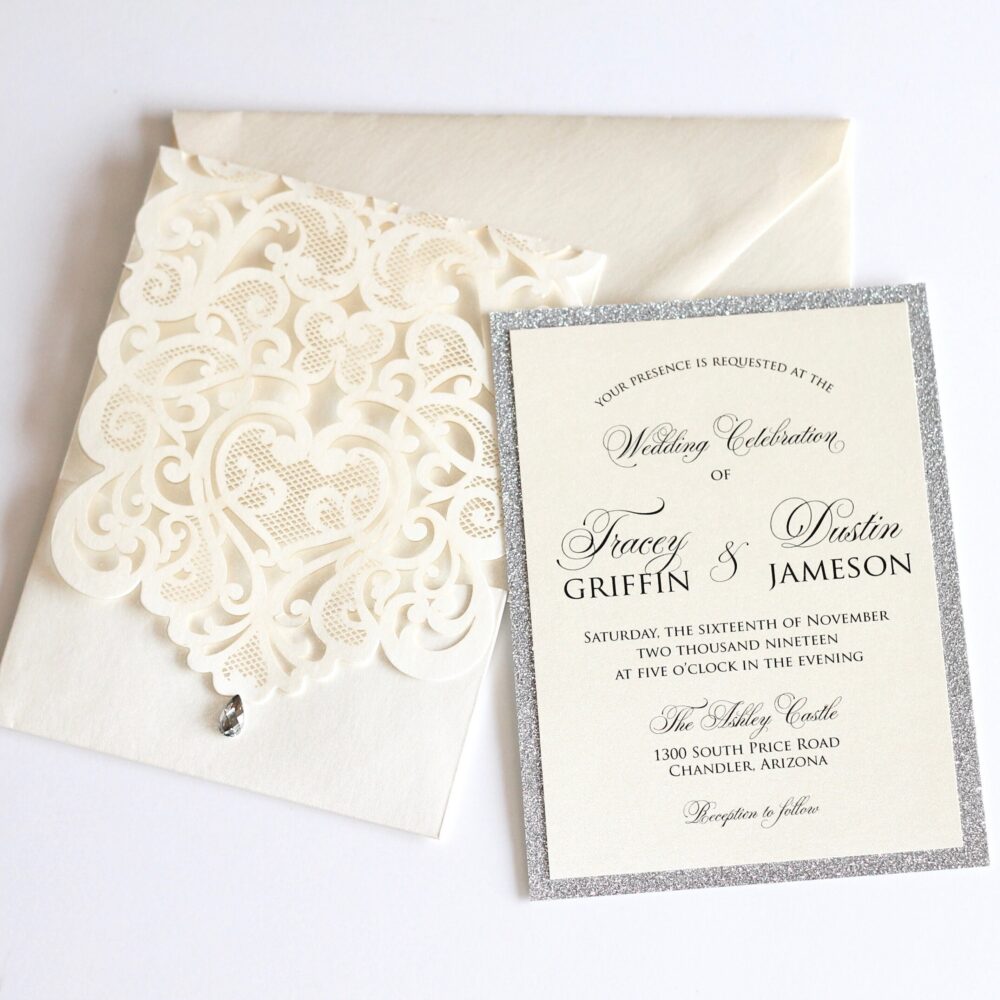 Custom Wedding Invitation Suite Ivory Lace Elegant Silver Glitter Invite Luxury For Classic