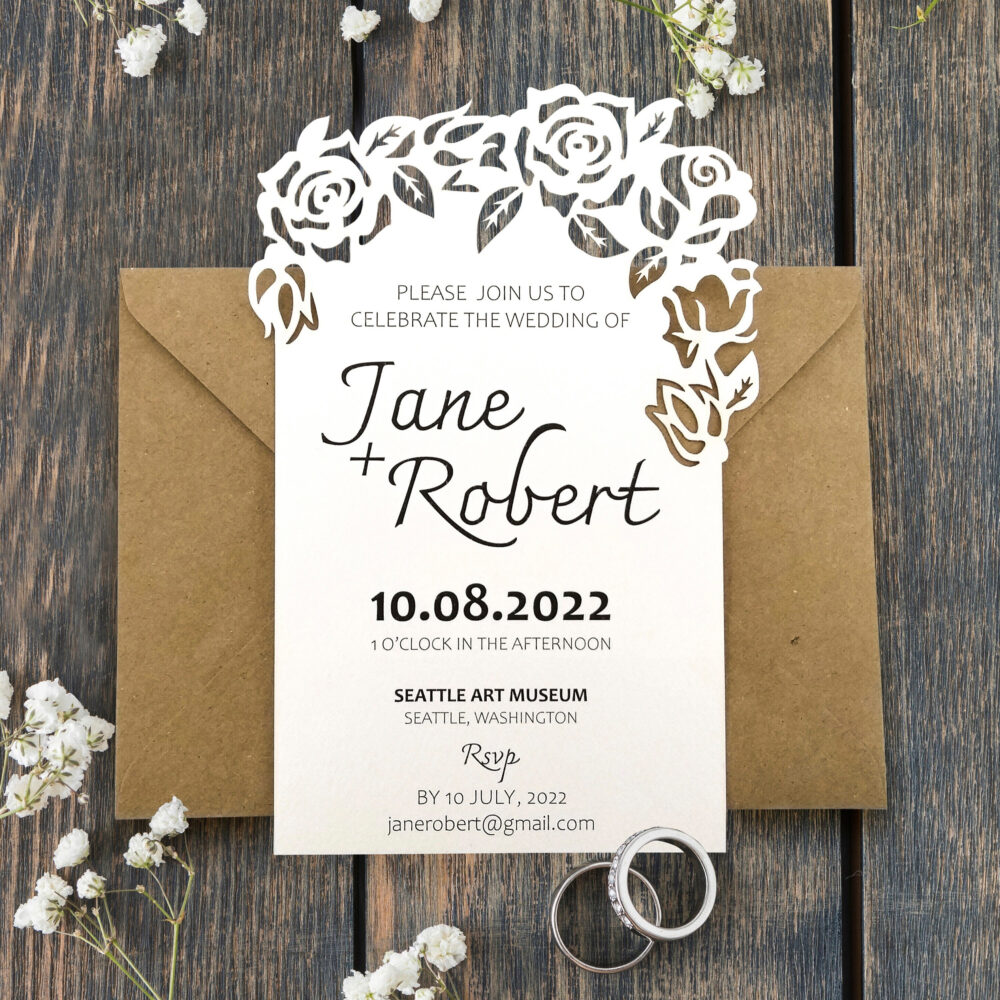 Rose Laser Cut Wedding Invitation Elegant Boho Greenery Invite