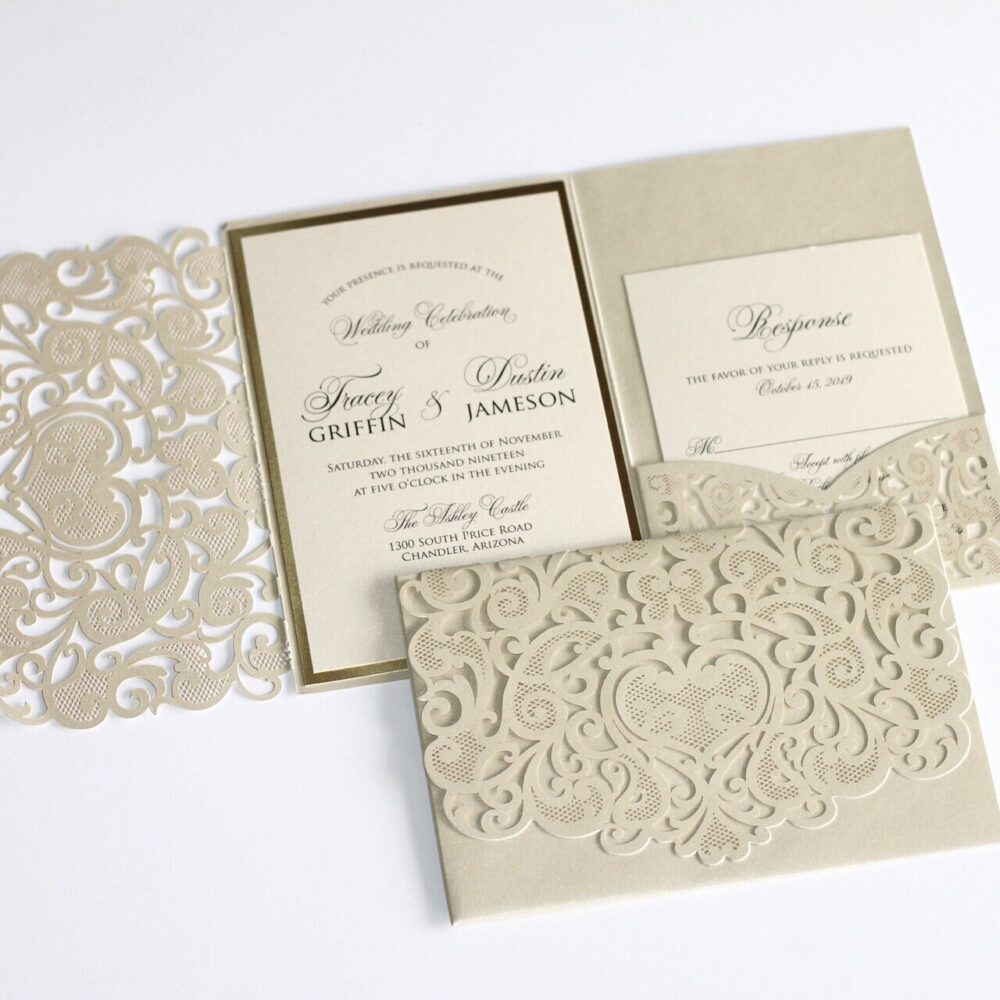 Custom Damask Wedding Invitation Champagne Gold Laser Cut Elegant Ivory Foil Invite Vintage Glam