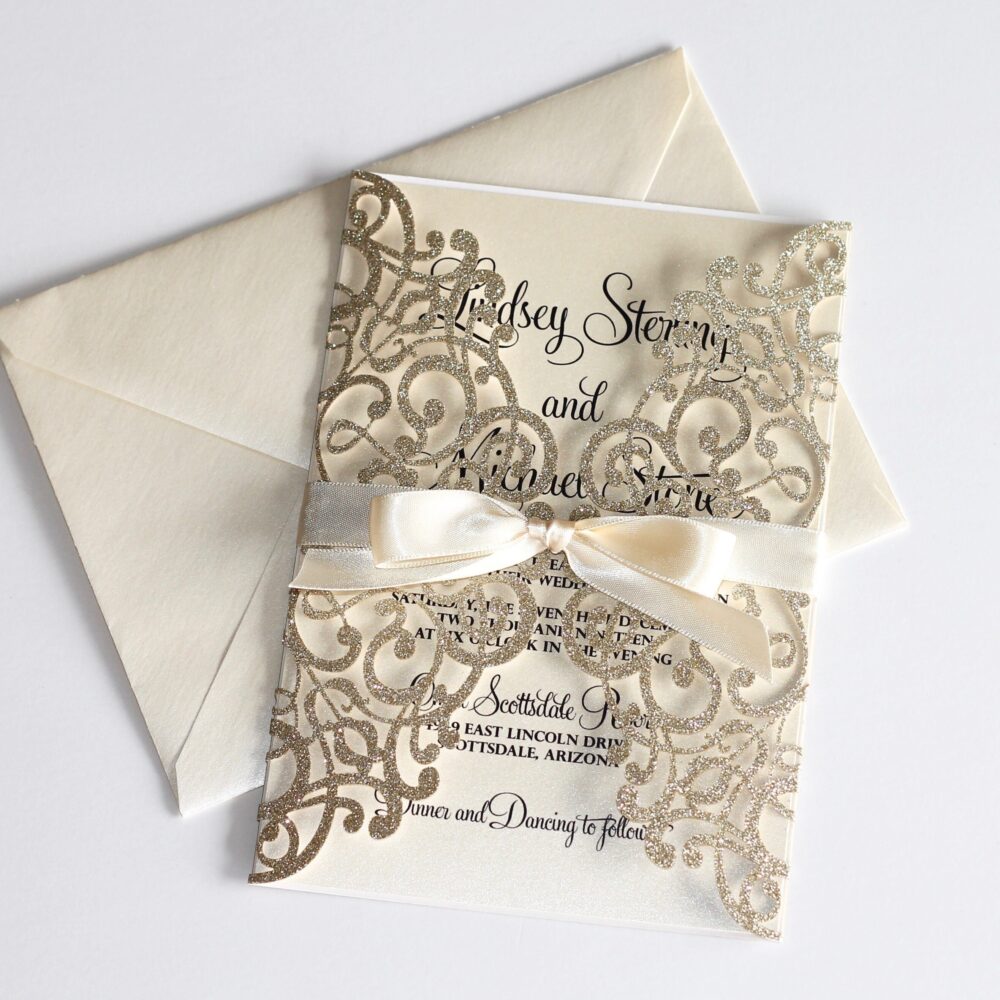Gold Custom Wedding Invitation Champagne Laser Cut Folder With Bow Elegant Ivory Personalized Invite Bling Glam Theme
