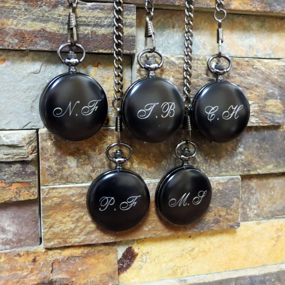 Set Of 5 Black Personalized Pocket Watches -Engraved- Groomsman Gifts - For Men- Groom- Wedding Gift- | 938