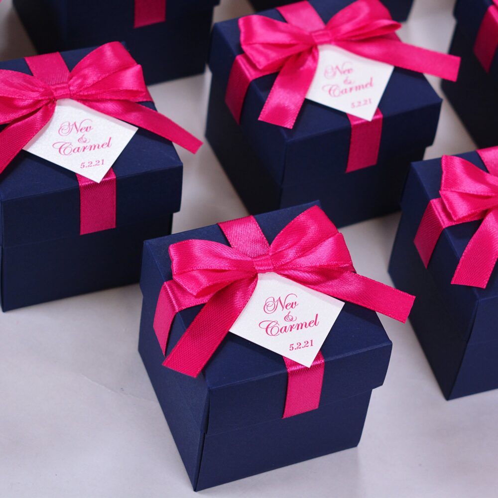 Elegant Wedding Favor Box With Hot Pink Satin Ribbon Bow & Your Names, Navy Blue Bonbonniere, Personalized Boxes For Guests