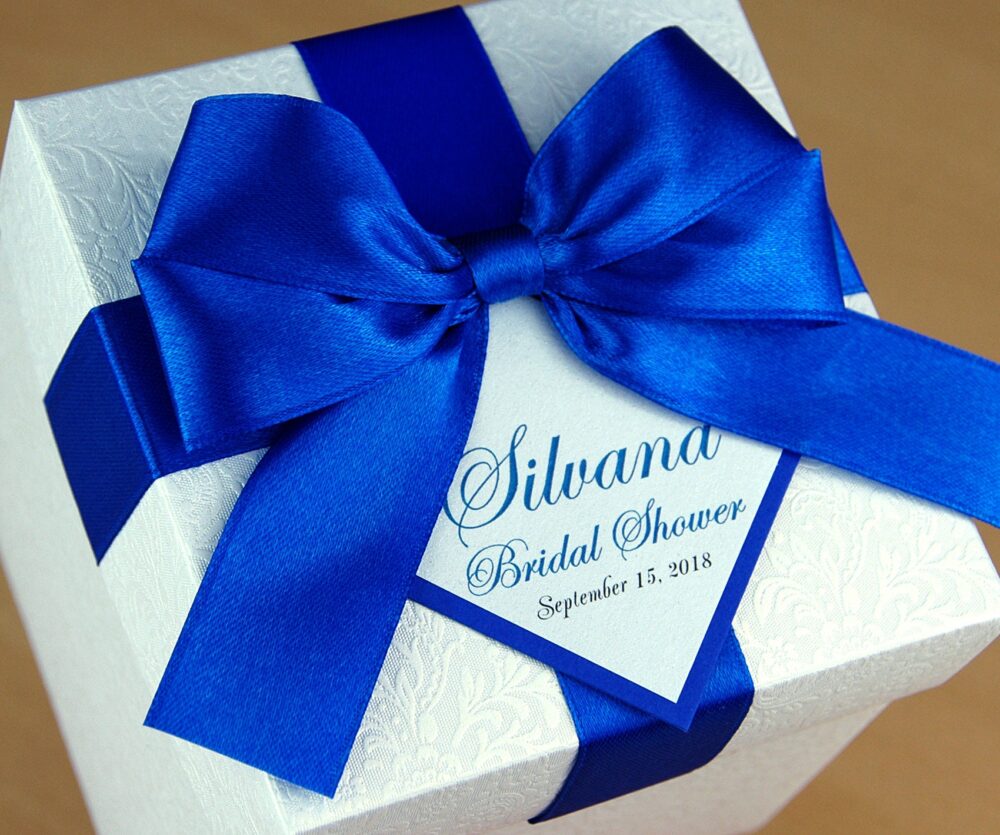 Bridal Shower Or Wedding Favor Boxes With Royal Blue Satin Ribbon, Bow & Custom Tag, Elegant Personalized Favor Box For Guests