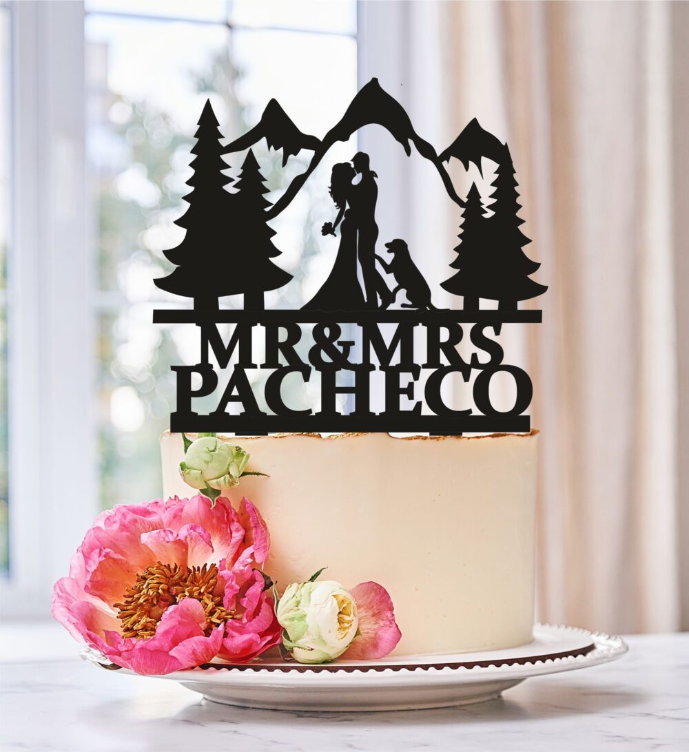 Mountain Wedding Cake Topper, Bride & Groom, Cat Cake Topper, Custom Topper, Personalized Topper, Tree Topper | 0297
