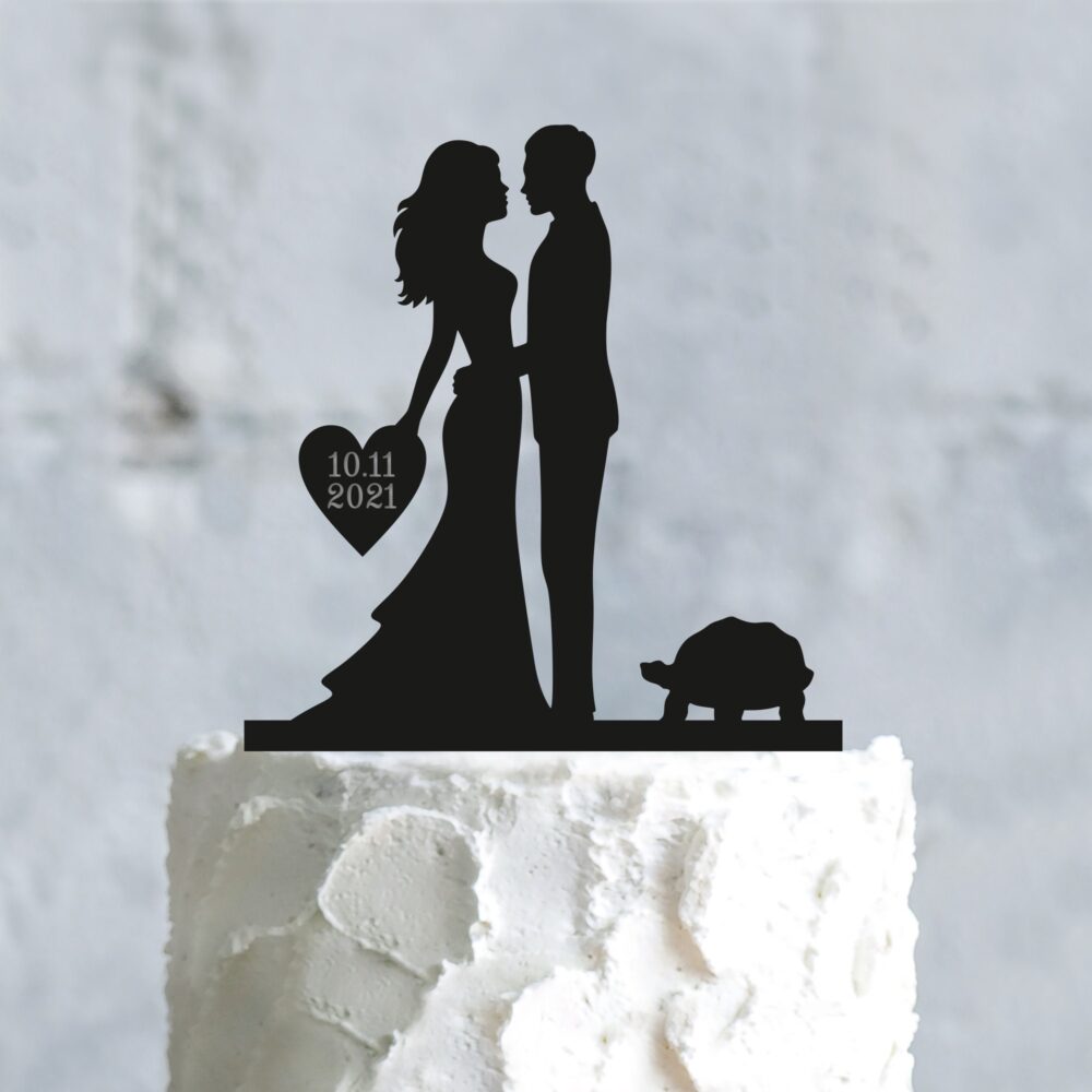 Custom Turtle Wedding Bride & Groom Pet Cake Topper With Heart, Personalized Animal Mr Mrs Toppers Turtle, A860