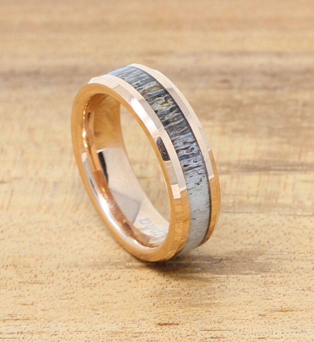 Tungsten Antler Wedding Band, Men's Rose Gold Ring, 6mm Inlay, Personalized Band For Men, Custom Fit
