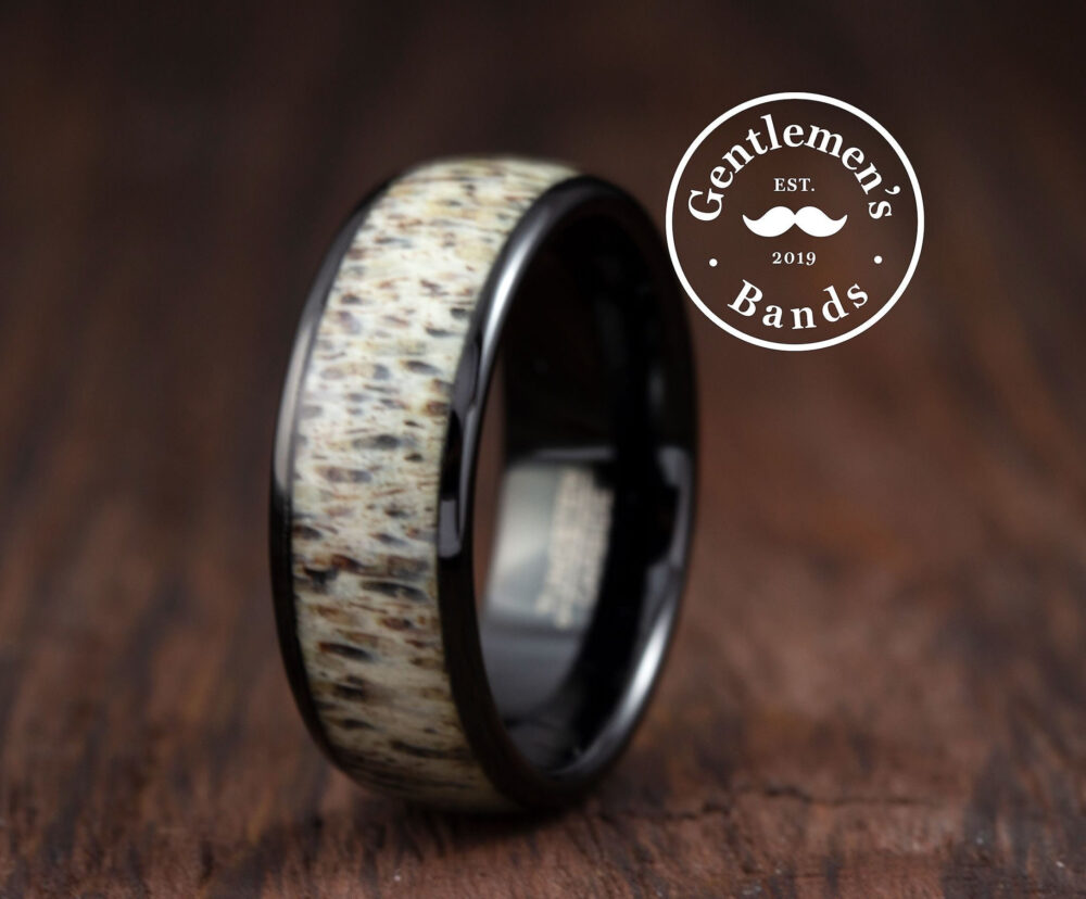 Deer Antler Wedding Band, Mens Outdoorsman Ring, Black Tungsten Carbide Guys Promise Engagement Anniversary Ring