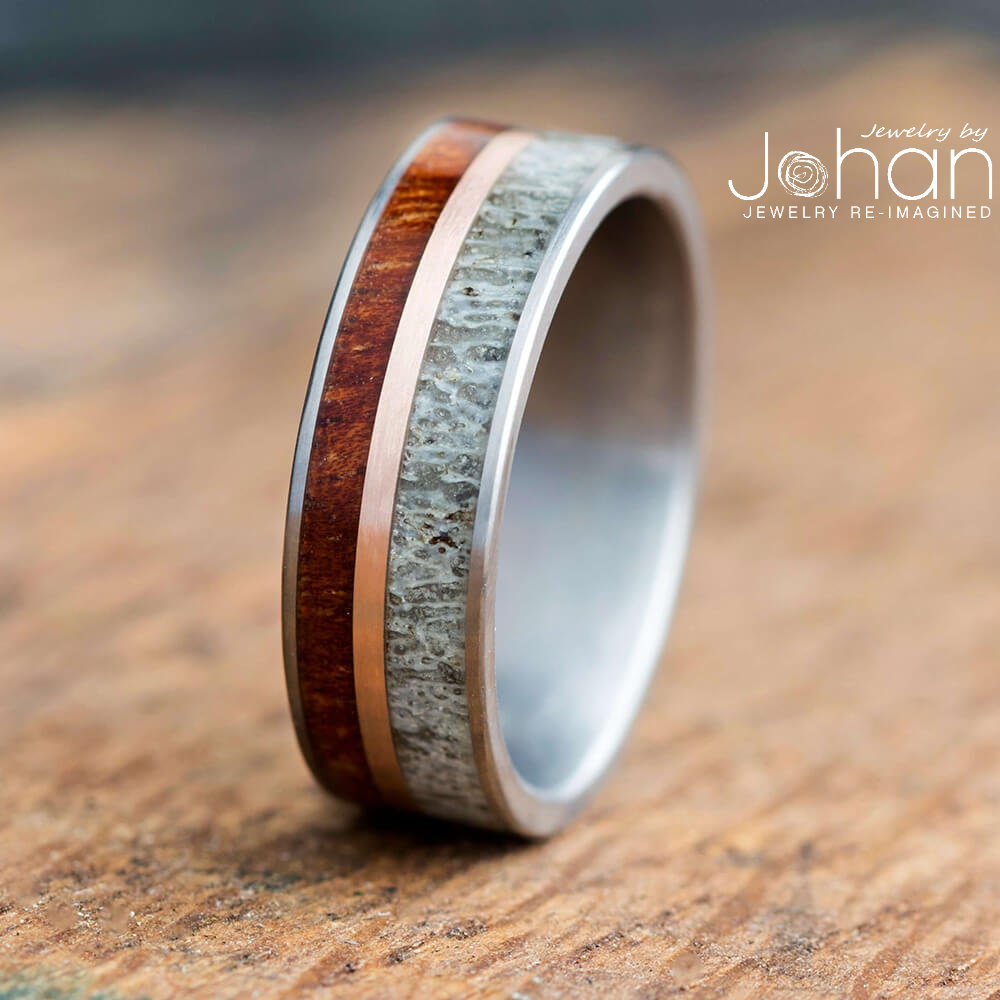Natural Deer Antler Wedding Band With Rose Gold & Koa Wood