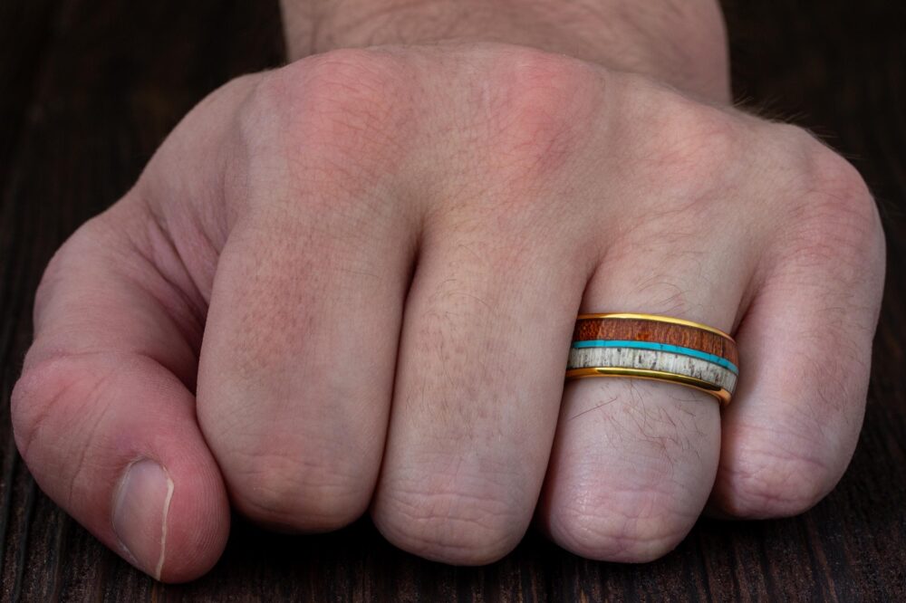 Deer Antler Wedding Band, Mens Gold Tungsten Ring, Koa Wood Ringturquoise Engagement Ring