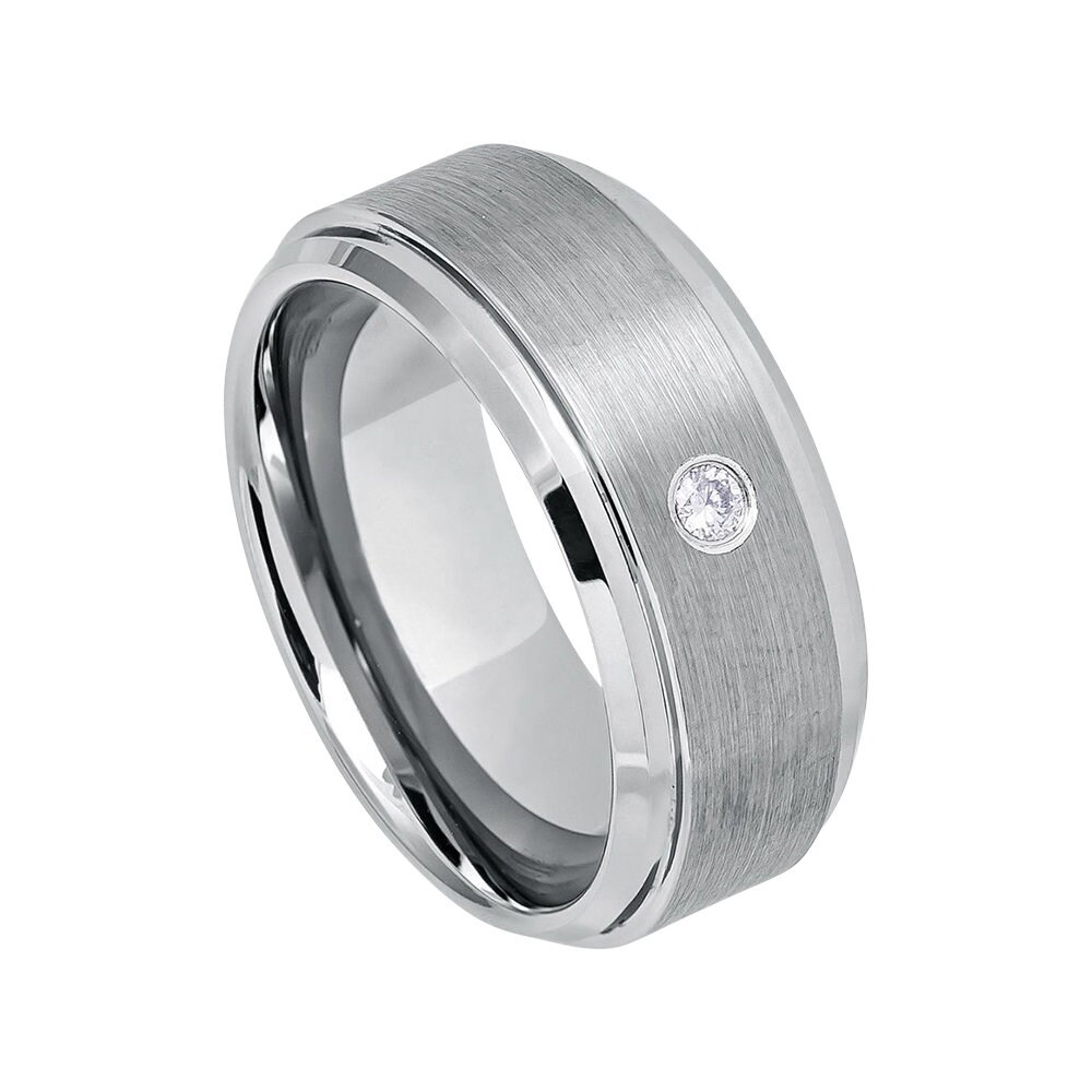 Mens Diamond Wedding Band Tungsten Ring Man 9mm Brushed Engagement Carbide Shiny Stepped Edges