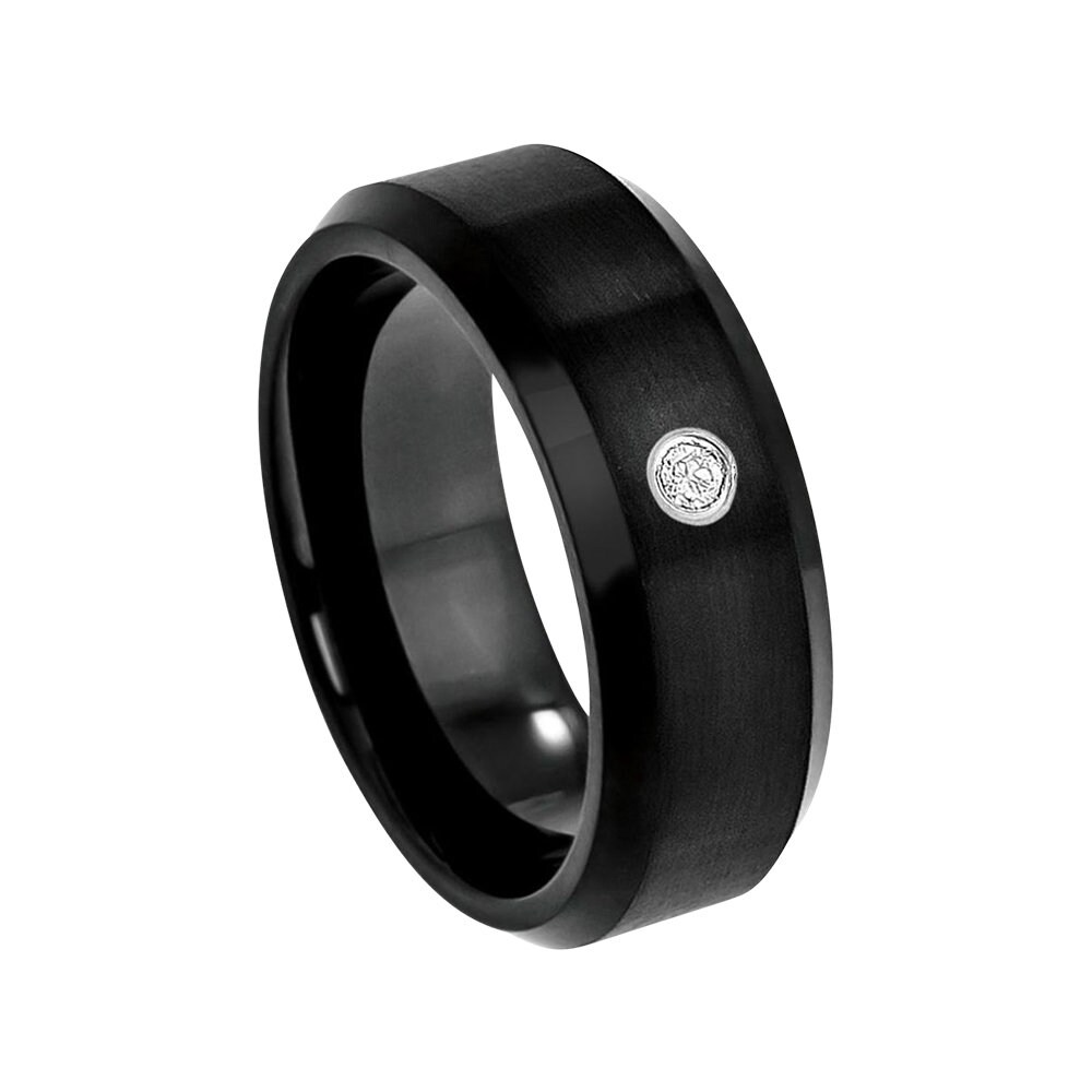 Mens Diamond Wedding Band Tungsten Ring Man 8mm Brushed Engagement Carbide Shiny Beveled Edges