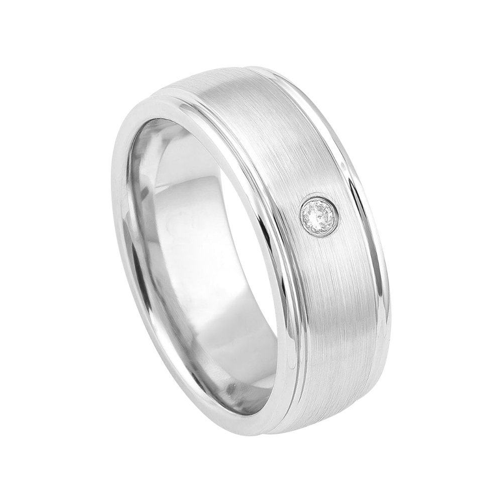 Mens Diamond Wedding Band Cobalt Ring Man 8mm Brushed Engagement Surgical Grade Stepped Edges