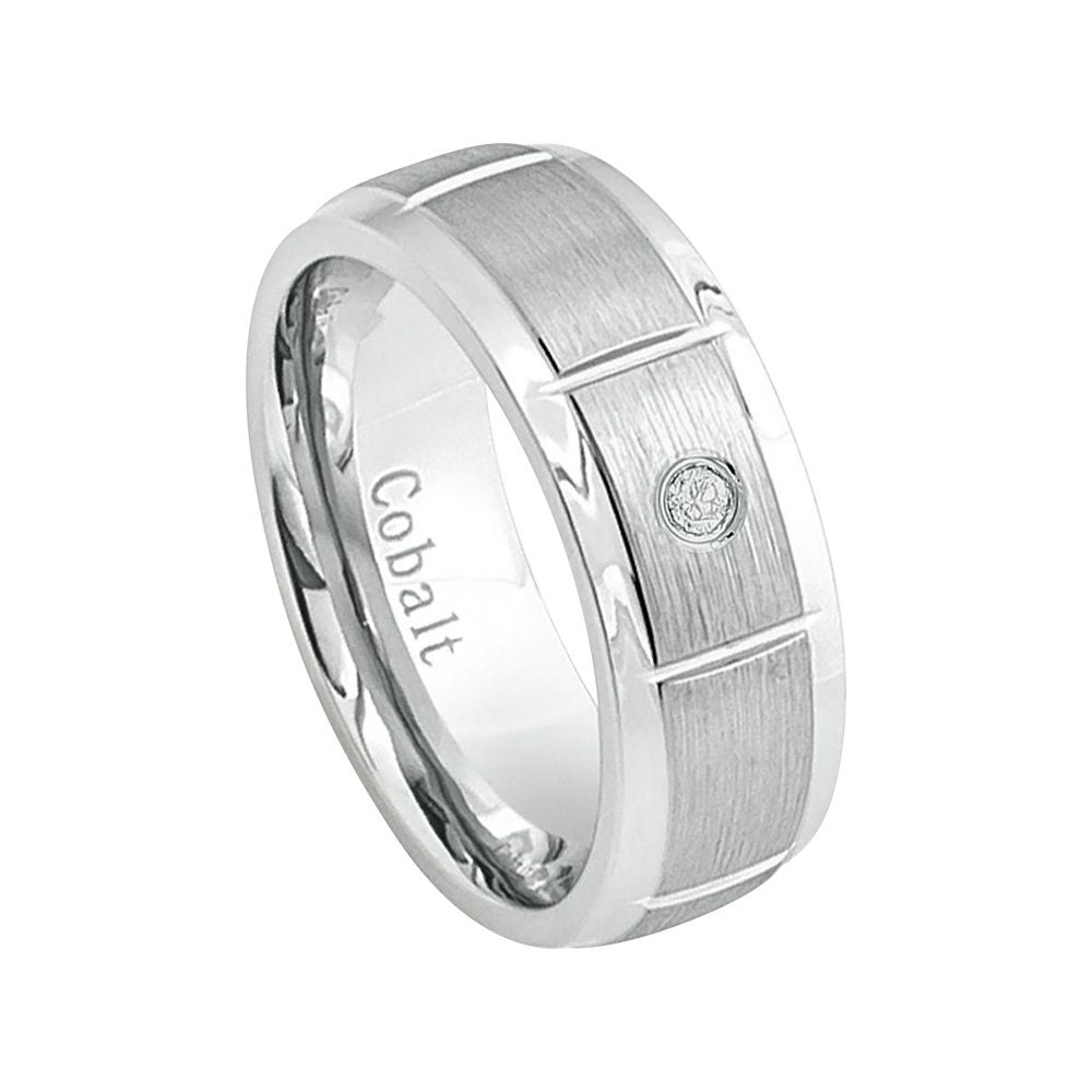 Mens Diamond Wedding Band Cobalt Ring Man 8mm Brushed Engagement Surgical Grade Stepped Edges