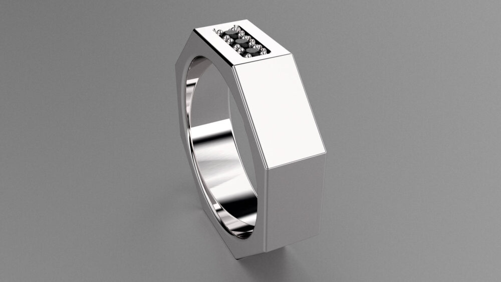 Black Diamond Silver 6mm Mens Wedding Band, Octagon Sterling Ring With 3 Diamonds, Mechanic Ring, Nut & Bolt