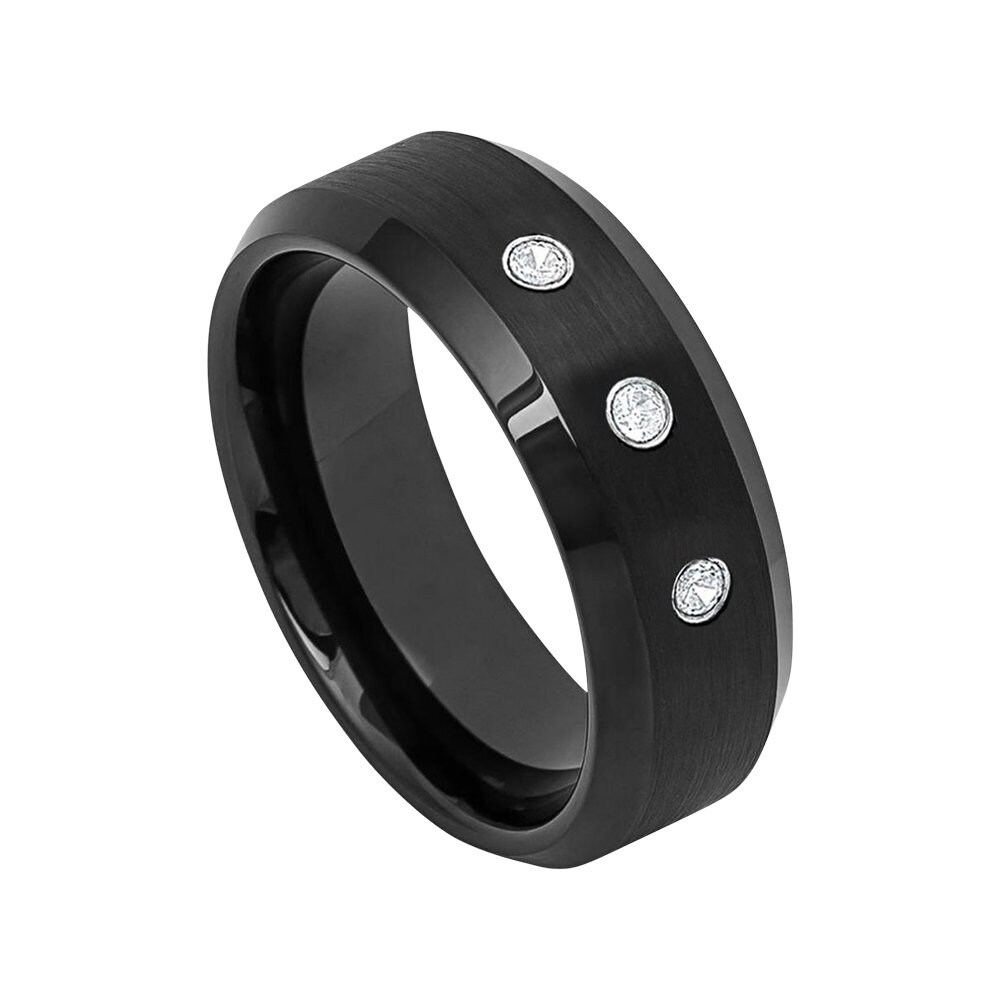 Mens Diamond Wedding Band Tungsten Ring Man 8mm Brushed Engagement Carbide Beveled Edges