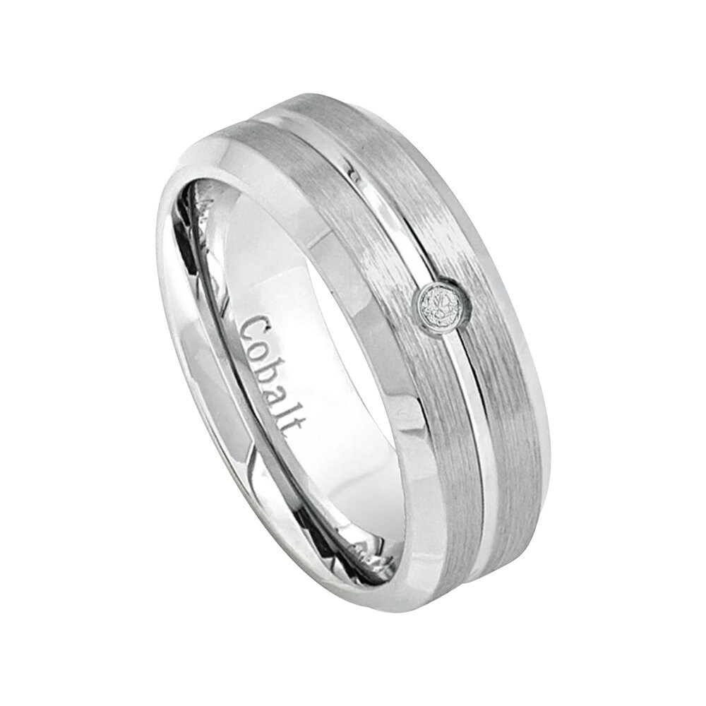 Mens Diamond Wedding Band Cobalt Ring Man 8mm Brushed Engagement Surgical Grade Stepped Edges