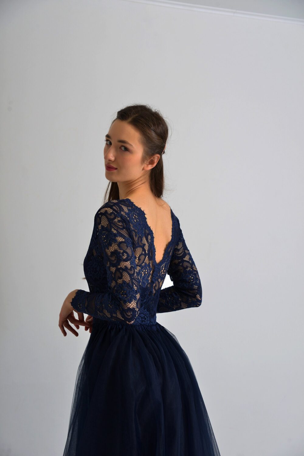 Dark Blue Lace Wedding Bodysuit Long Sleeve Bridal Separates