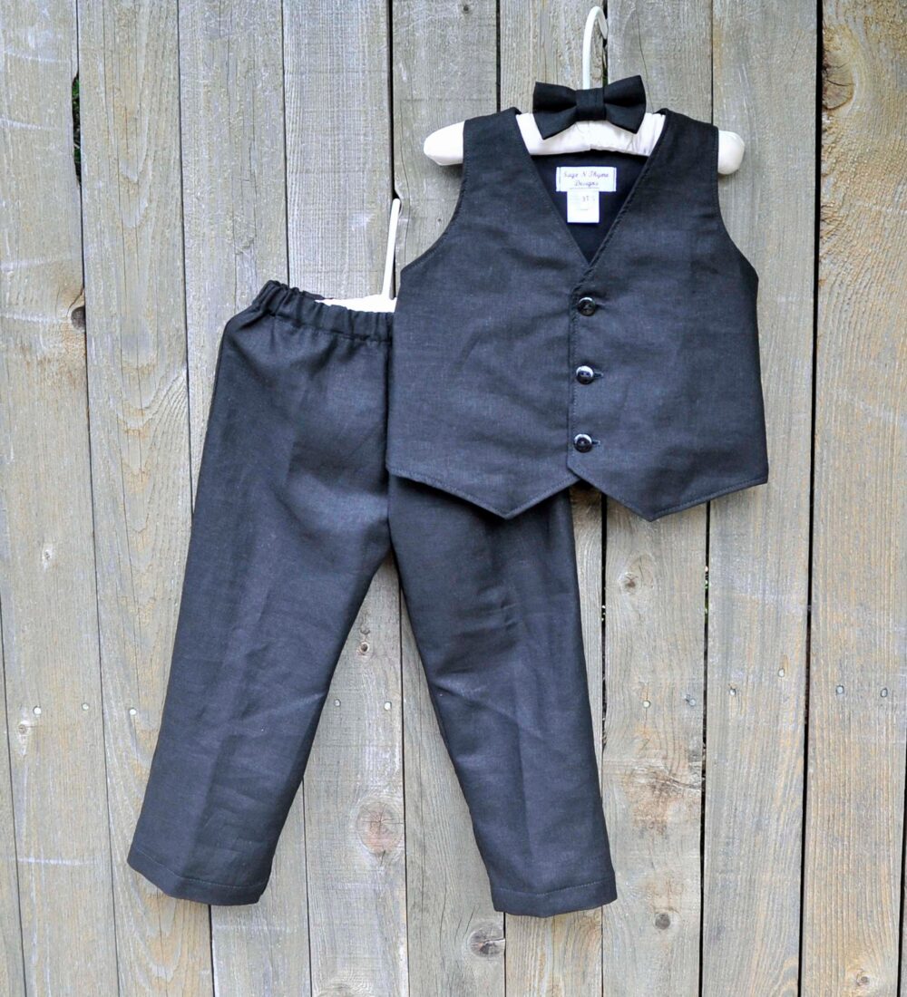 Black Ring Bearer Suit, Boys Linen Pants Or Short With Vest & Bowtie, Many Colors Wedding Funeral Outfit...6M, 12M, 2T, 3T, 4T, 5, 6, 7, 8, 10, 12