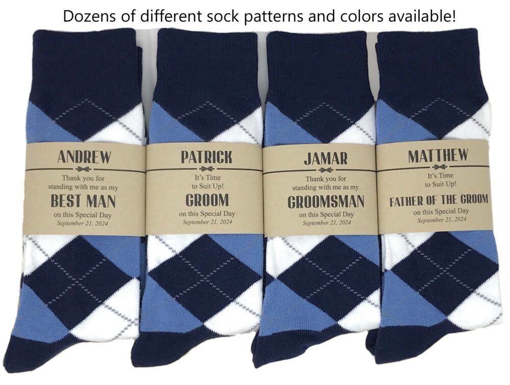 Navy, Steel & White Argyle Socks; Multiple Colors 1 Pair Men's Personalized Groomsmen Proposal Socks & Sock Labels, Gifts
