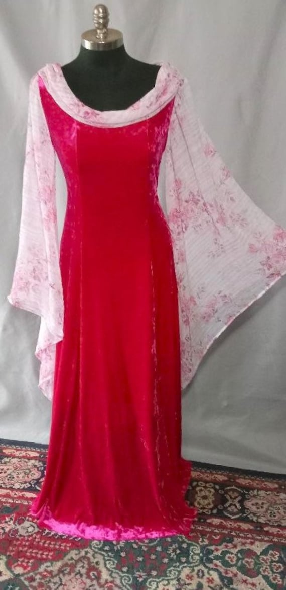 Renaissance Fantasy Bridal Wedding Gown Dress, Pink Crushed Velvet, Size Large