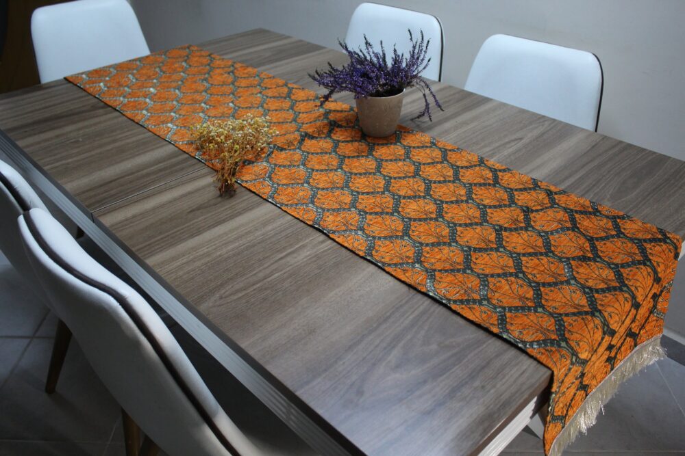 Orange Turkish Table Cloth Runner, Peacock Tail Design Floral Boho Runner For Wedding, Cover, Kitchen Tablecloth, Rnr201